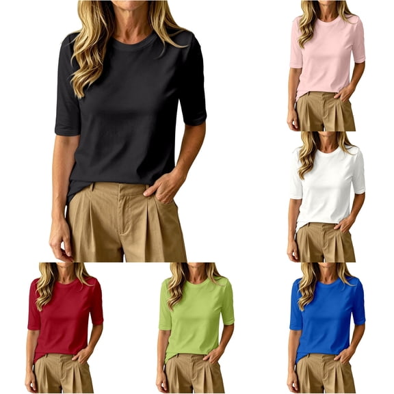 RMGVDSD Womens Half Sleeve Tops Casual Crewneck T Shirt Elbow Length Basic Tees Trendy Summer T-Shirts Solid Color Versatile Tshirts