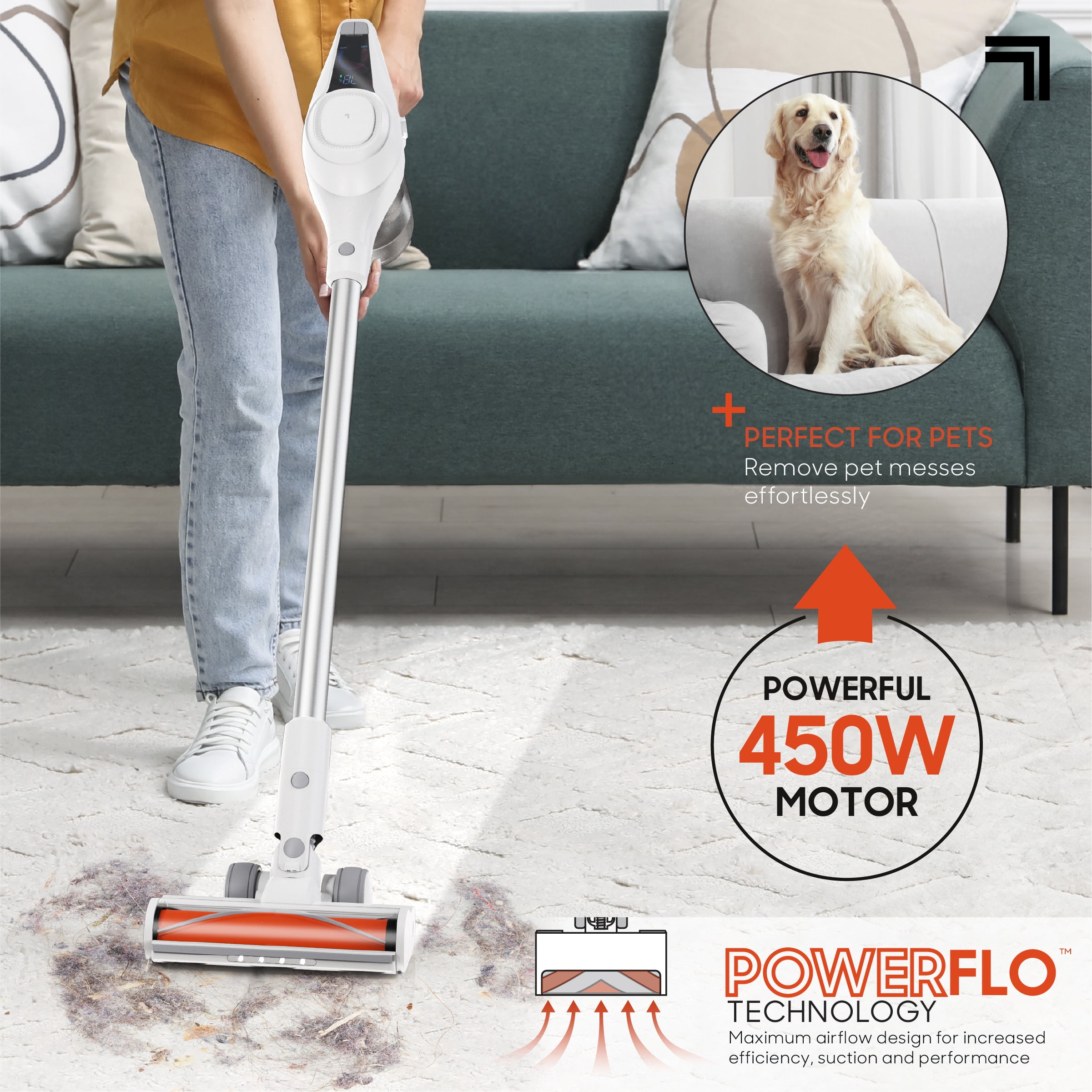 Sharper Image Cordless Vacuum Ultra Stick & Handheld Combo – 450W Motor with Anti-Tangle Floor Brush, 3 Speeds, and LED Lighting