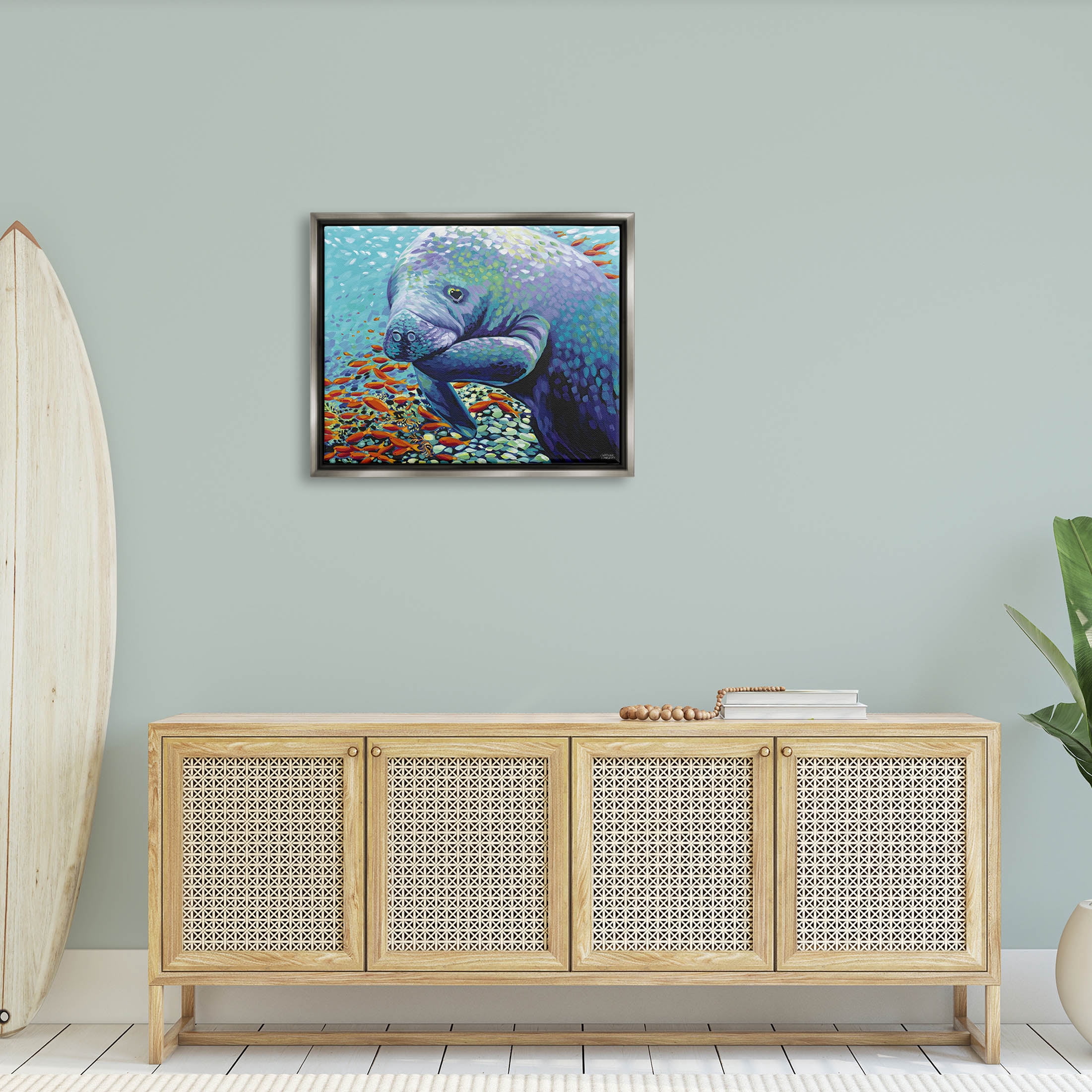 Stupell Industries Underwater Manatee Impressionist Painting Luster Gray Floating Framed Canvas Print Wall Art, Design by Carolee Vitaletti