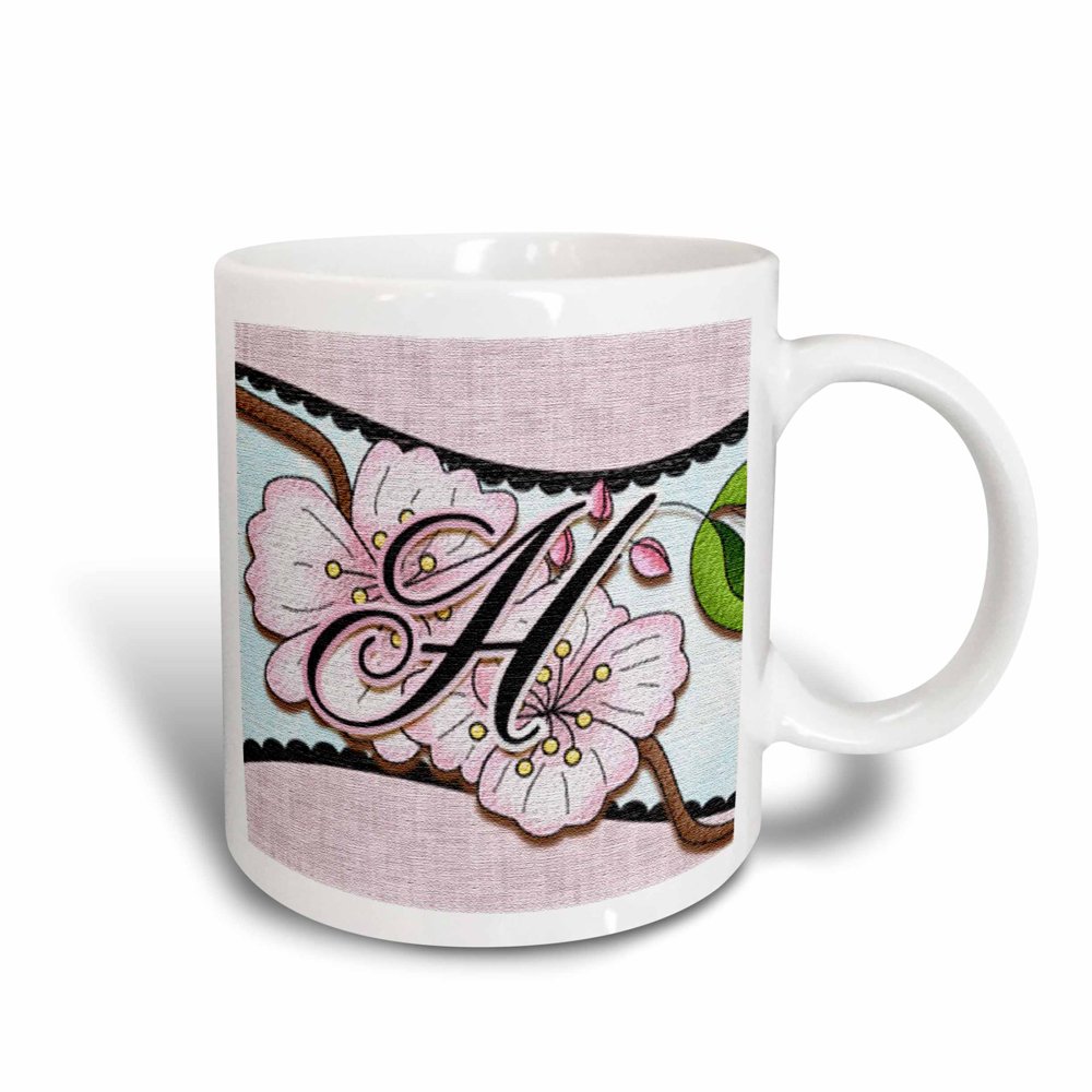 3dRose Cherry Blossom Flower Monogram Initial H, Ceramic