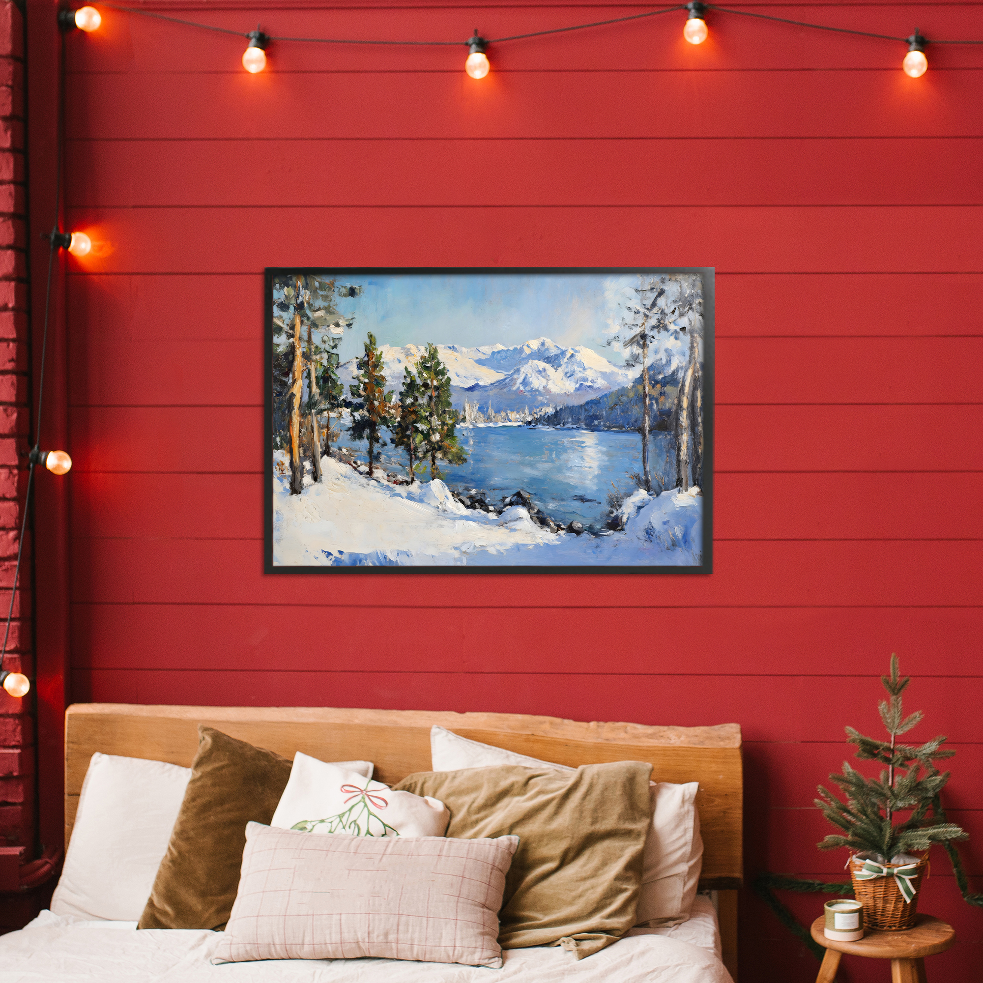 Winter Mountain Lake Black Framed Giclee Art, design by Petal Prints Design