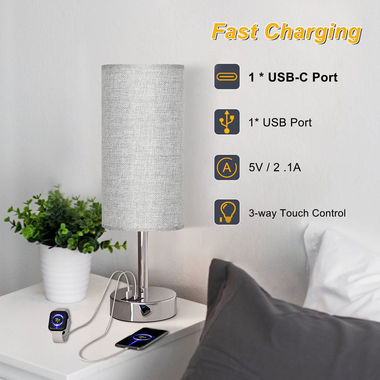 HadinEEon Table Lamp, 3 Way Dimmable Light Touch Lamp, USB C&A Fast Charging Ports, Fabric Shade Silver Base Lamp, for Bedroom, Living Room, Office, Dorm