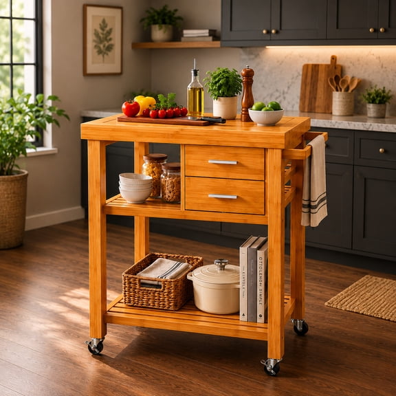 Home Aesthetics Rolling Bamboo Kitchen Island Cart Food Prep Trolley, with Towel