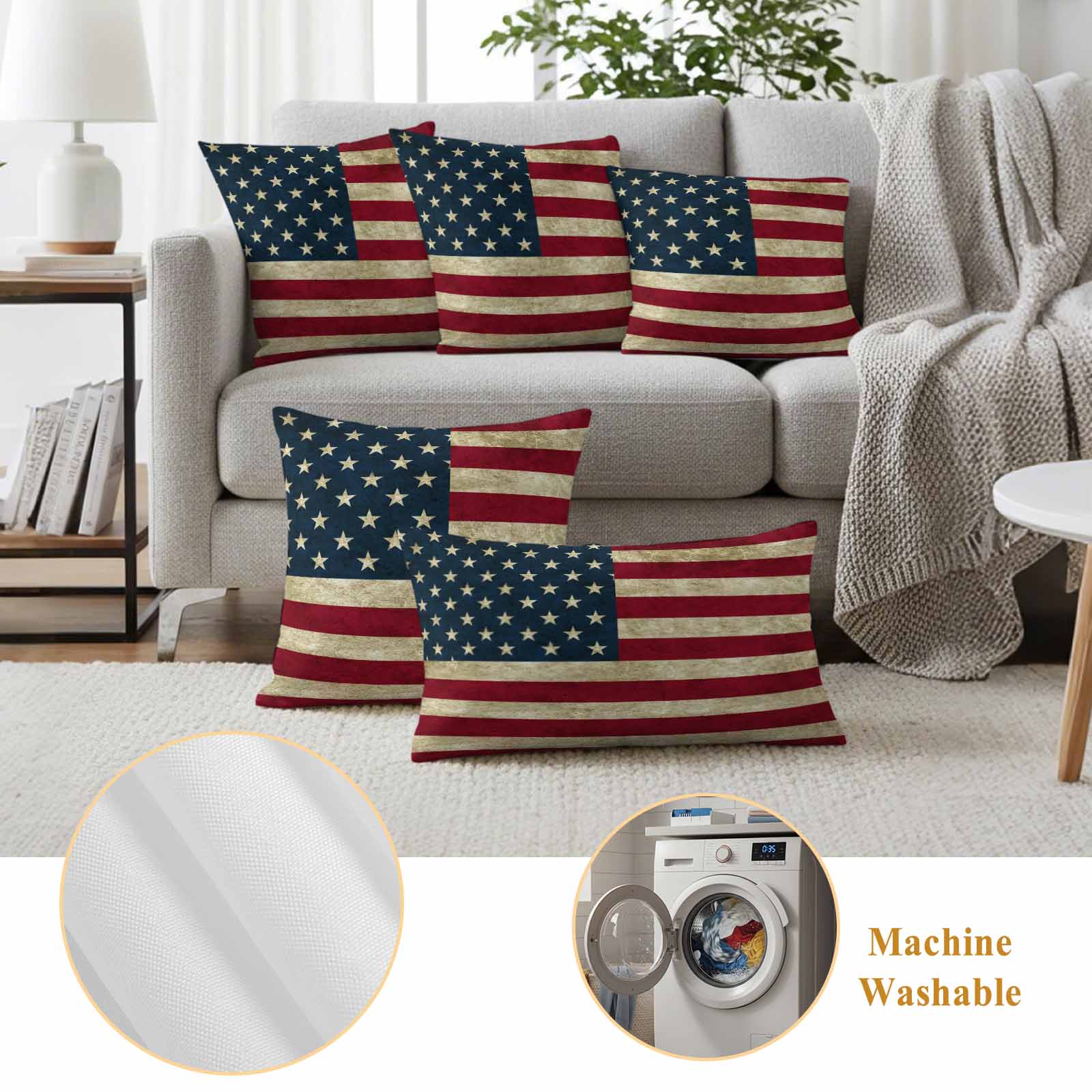 Vintage American Flag Outdoor Waterproof Pillow Covers, Shabby US Star Strips Flag Decorative Square Throw Pillowcase Sofa Cushion Sham for Patio/Couch/Chair, 18"x18" 2 Pack