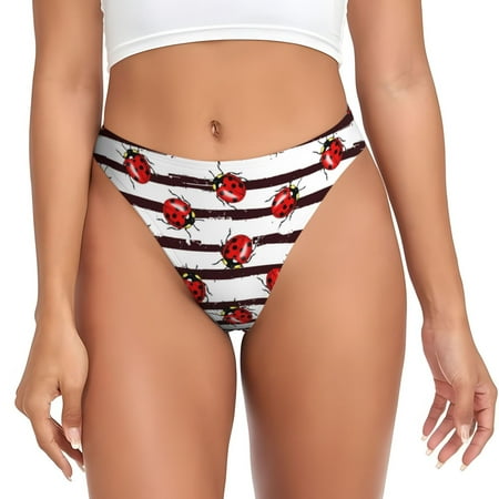 Sigee Ladybugs on Black and White Striped1 for Women s G-String Panty  Low Rise  Soft Lace Perfect for Everyday Wear or Special Occasions-X-Small