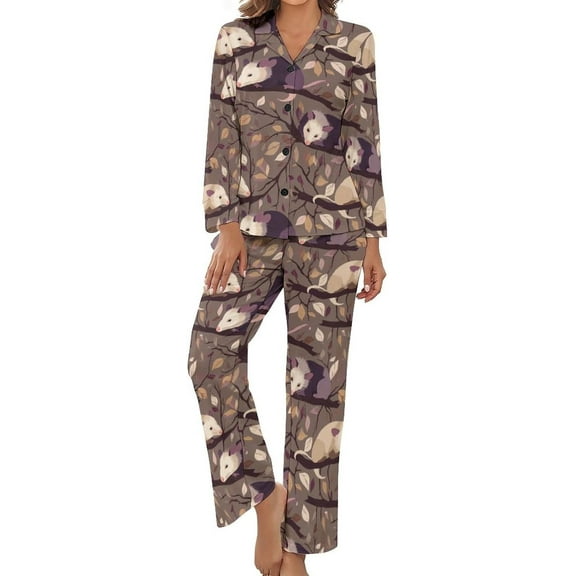 Top-kevin Womens Pajamas Set Opossums Resting Tree Soft Long Sleeve Sleepwear Button Down Sets