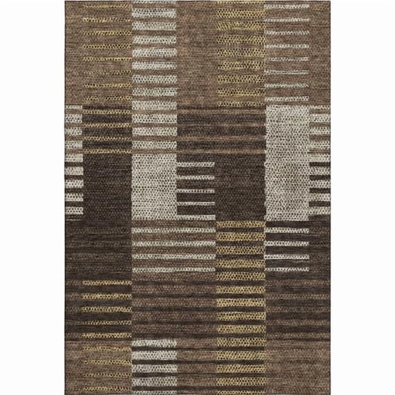 HomeRoots 675659 9 x 12 ft. Chocolate Beige & Gold Striped Washable Machine Made Rectangle Area Rug with UV Protection