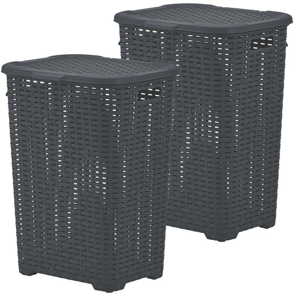 Superio 60L Wicker Style Laundry Hamper Grey with Cutout Handles (2 Pack)