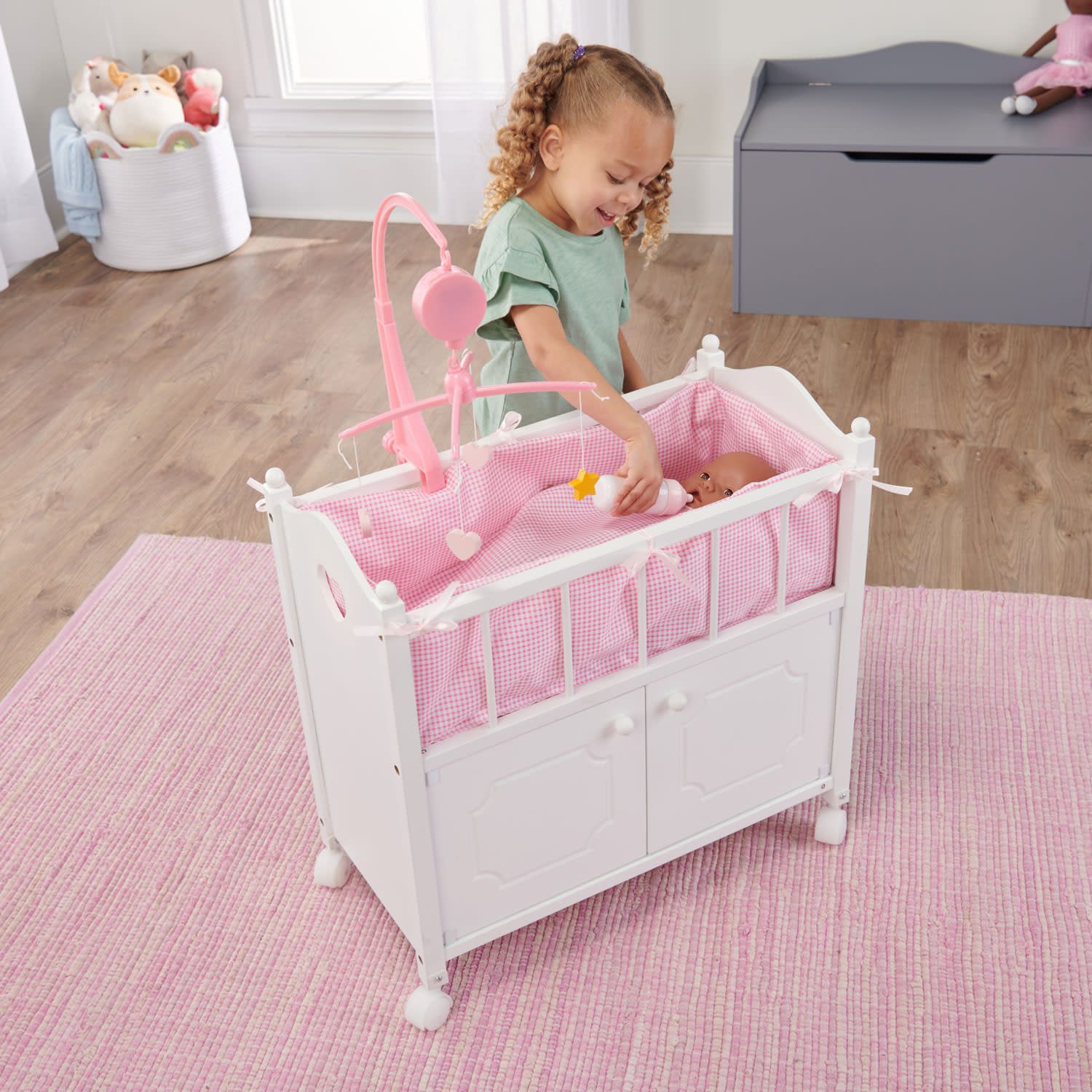 Badger Basket Cabinet Doll Crib with Gingham Bedding and Free Personalization Kit - White/Pink - image 3 of 13