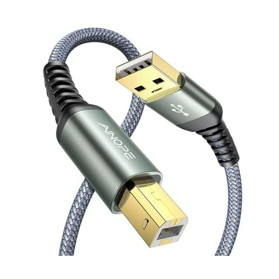 Printer Cable USB A to USB B Priner Cable High-Speed Nylon Braided USB 2.0 MIDI Cable, Printer Cord to Computer for HP, Canon, Brother, Dell, Epson, Lexmark, Xerox, 6.6ft/Grey