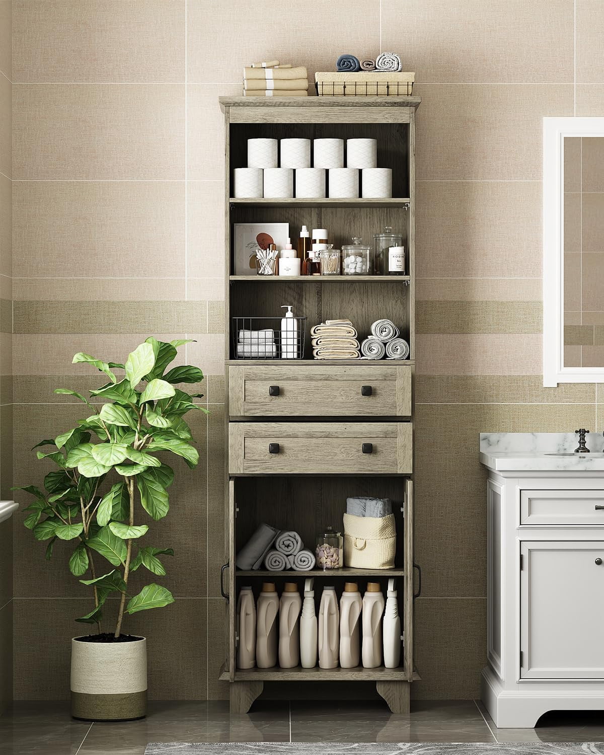 NEGYLIM 72" Tall Bathroom Storage Cabinet, Freestanding Cabinet with Adjustable Shelves, Large Bathroom Pantry Cabinet with 2 Drawers for Living Room, Kitchen, Dining Room, Office, Grey
