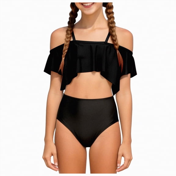 Hessimy Girls Two Piece Swimsuits Tankini Bathing Suit for Kids Hawaiian Swimwear（Black,7-8 Years)