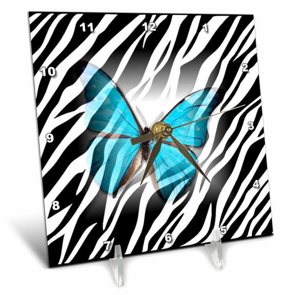 3dRose, Turquoise Butterfly On Zebra , 6x6 Desk Clock