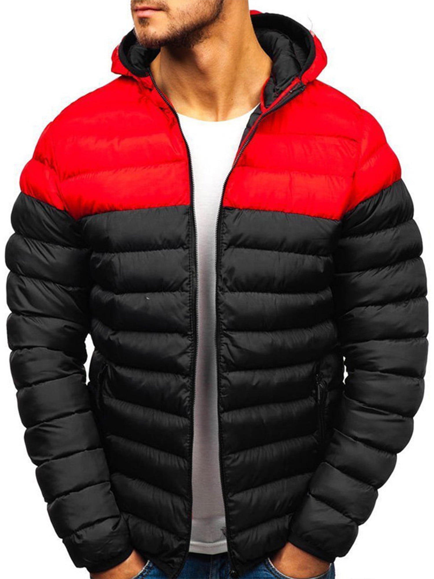 Generic Mens Casual Hood Winter Front-Zip Quilted Slim Fit Thick Down Jacket Coat