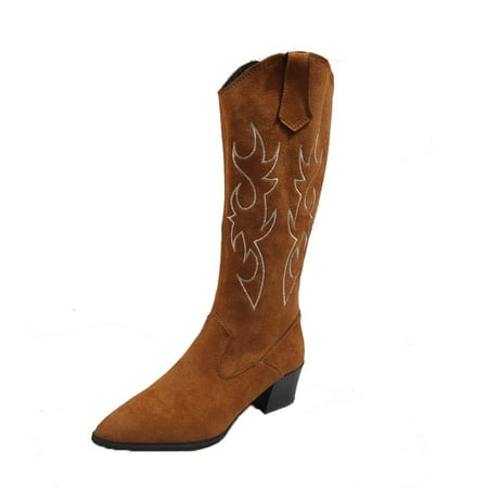 

Lyinloo Women Embroidery Cowboy Boots Mid Calf Chunky Heel Retro Square Toe Pull On Boots