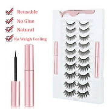 10 Pairs Eyelashes with Waterproof Eyeliner & Tweezer Kit, Reusable Natural Look Lashes, No Glue