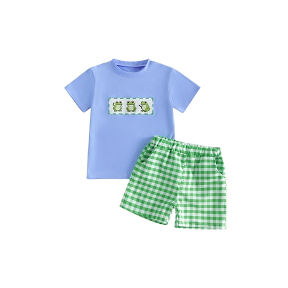 BemeyourBBs Toddler Baby Boys Summer Clothes Cute Infant Baby Boys Frog Outfits Frog Embroidery Short Sleeves T-Shirt and Elastic Plaid Shorts Set Toddler Baby Boys 2 Piece Summer Outfit