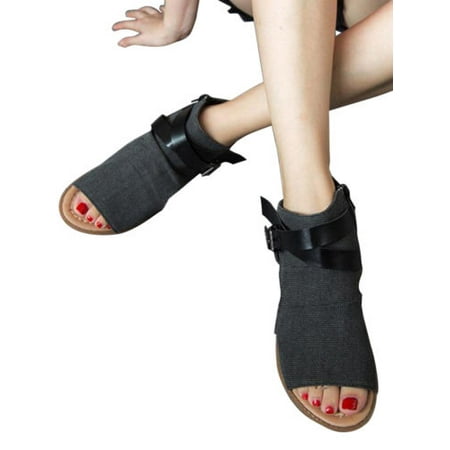 Women's Ankle Flats Sandals Summer Beach Canvas Casual Open Toe (Best Walking Sandals For Flat Feet)
