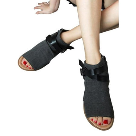 Open Toe Casual Sandal - Women's Ankle Flats Sandals Summer Beach Canvas Casual Open Toe Shoes