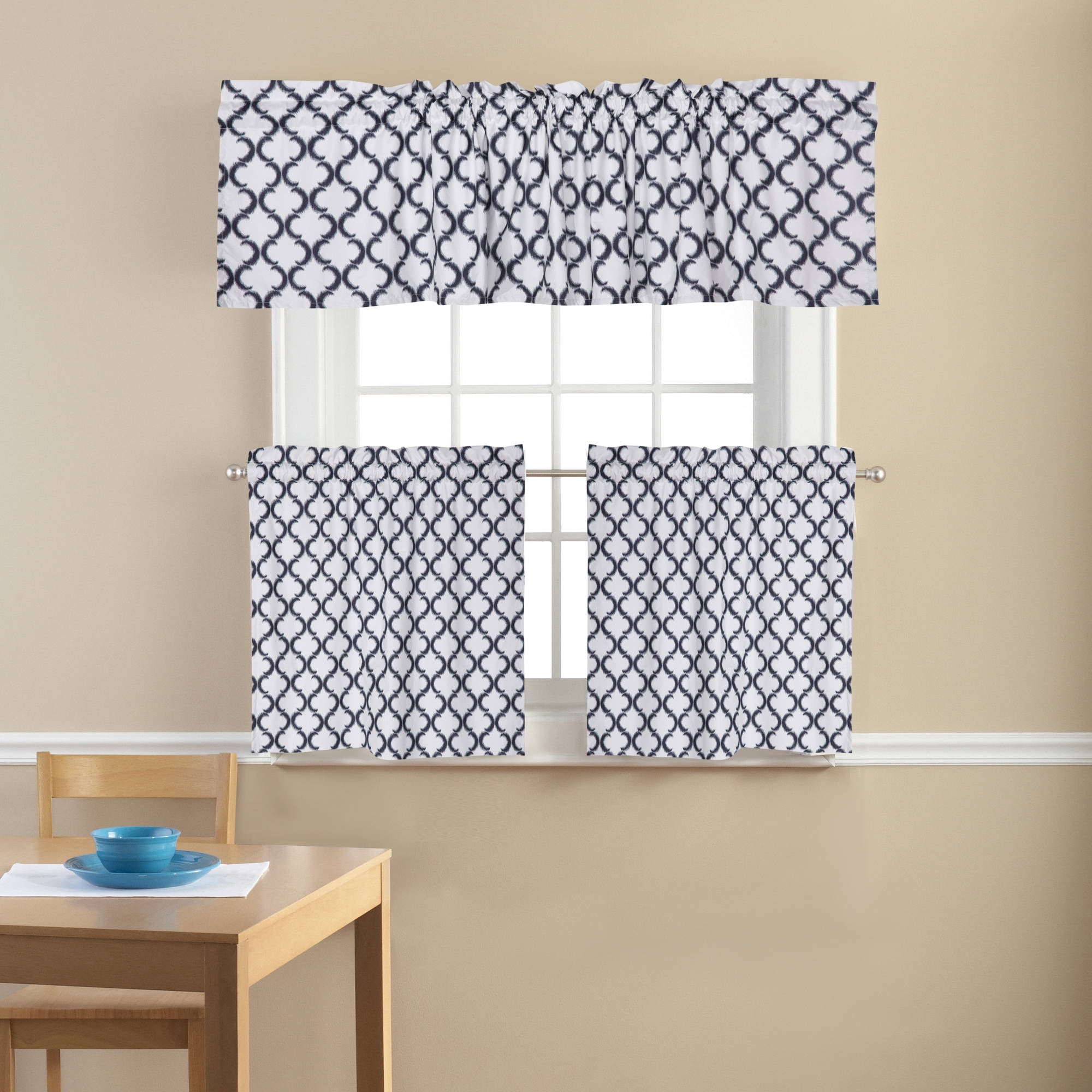 Mainstays Black and White Ikat 3Piece Kitchen Window Curtains