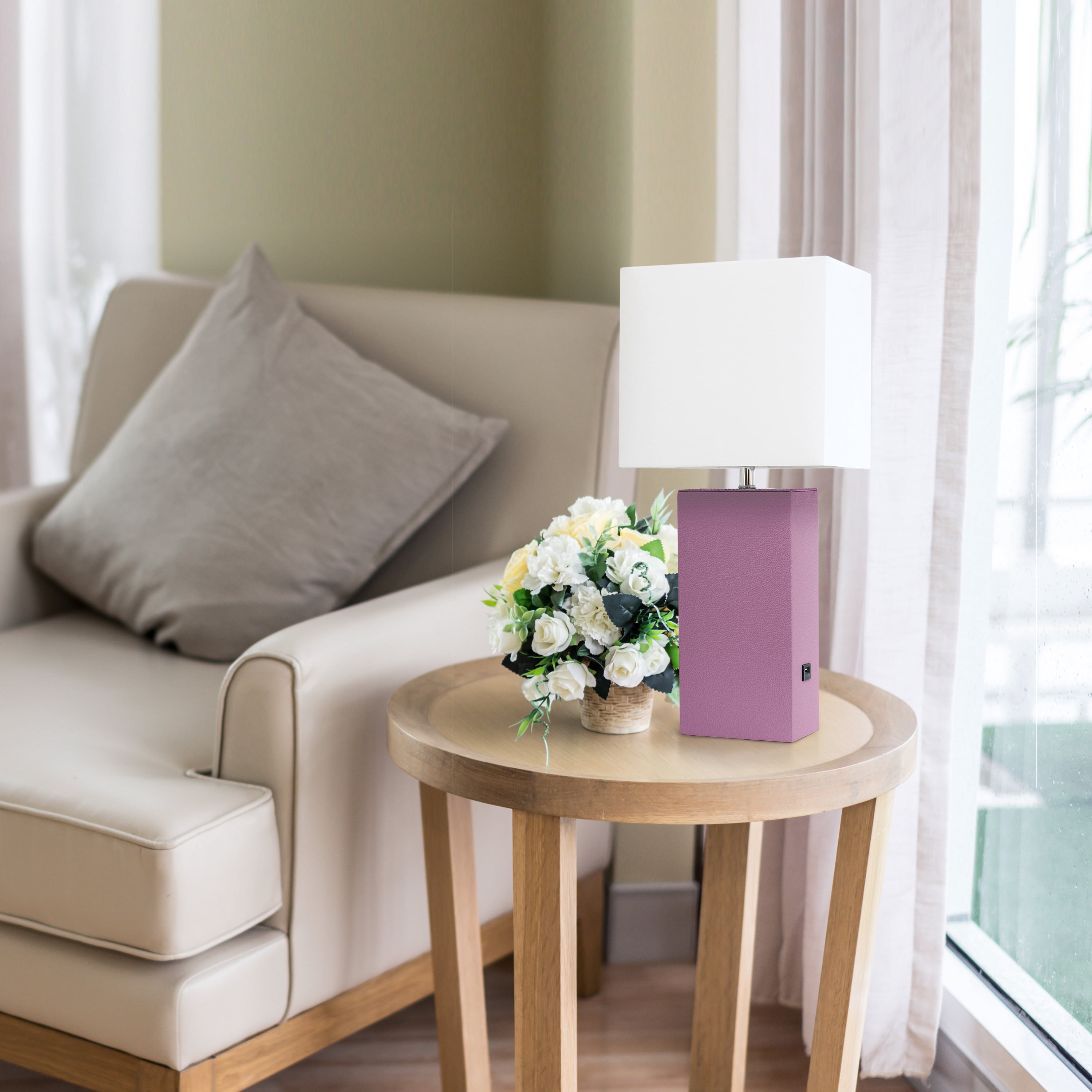 Lalia Home 21" Leather Modern Bedside Table Lamp with USB Port and LED Bulb, Purple
