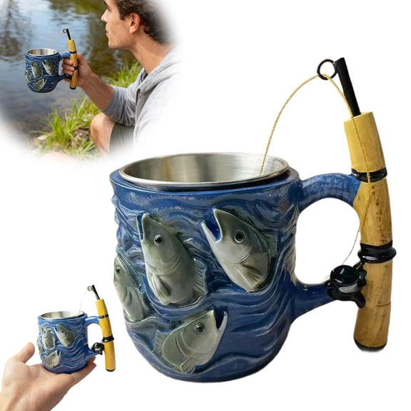 Fishing Theme Ceramic Mug with Mini Rod Handle, Unique Coffee Cup for Anglers, Outdoor Enthusiasts, Blue Fish Design, Ideal Gift for Men, Dad, Husband, Holds Hot & Cold Beverages, Easy to Clean