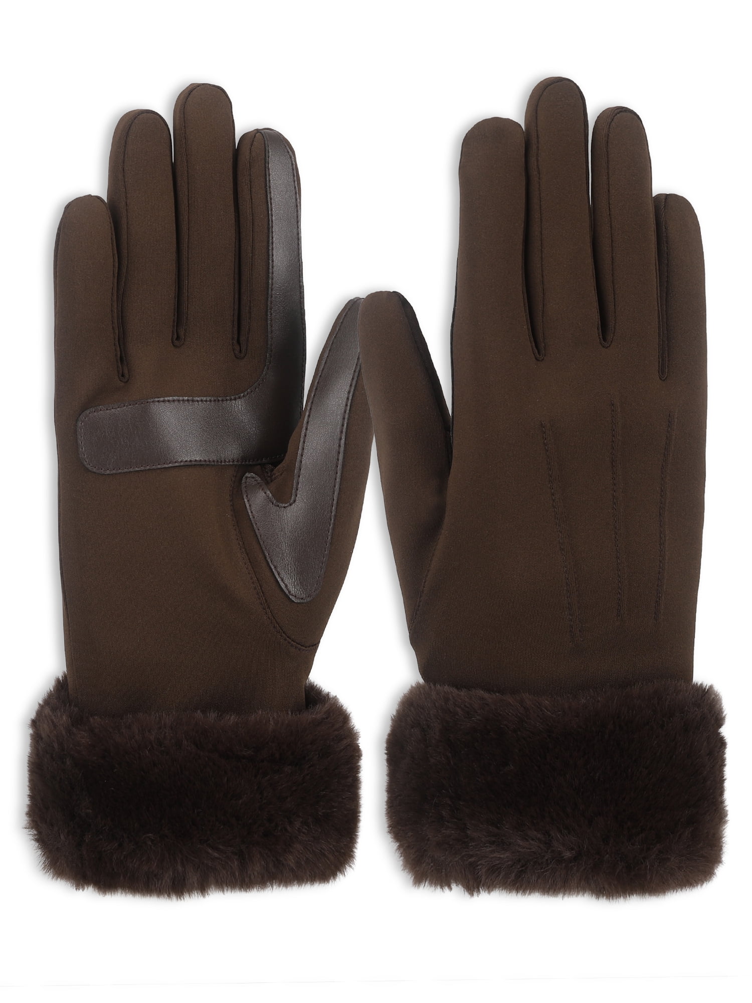 Isotoner Women's Ultraplush Spandex Gloves with Faux Fur Cuff, Brown, L/XL