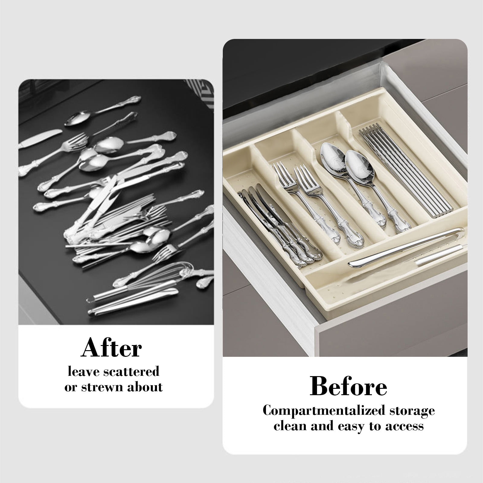 Weloille Silverware Drawer Organizer, Expandable Utensil Tray for Kitchen, Flatware and Cutlery Holder, Adjustable Plastic Storage for Spoons Forks Knives, Large, Beige