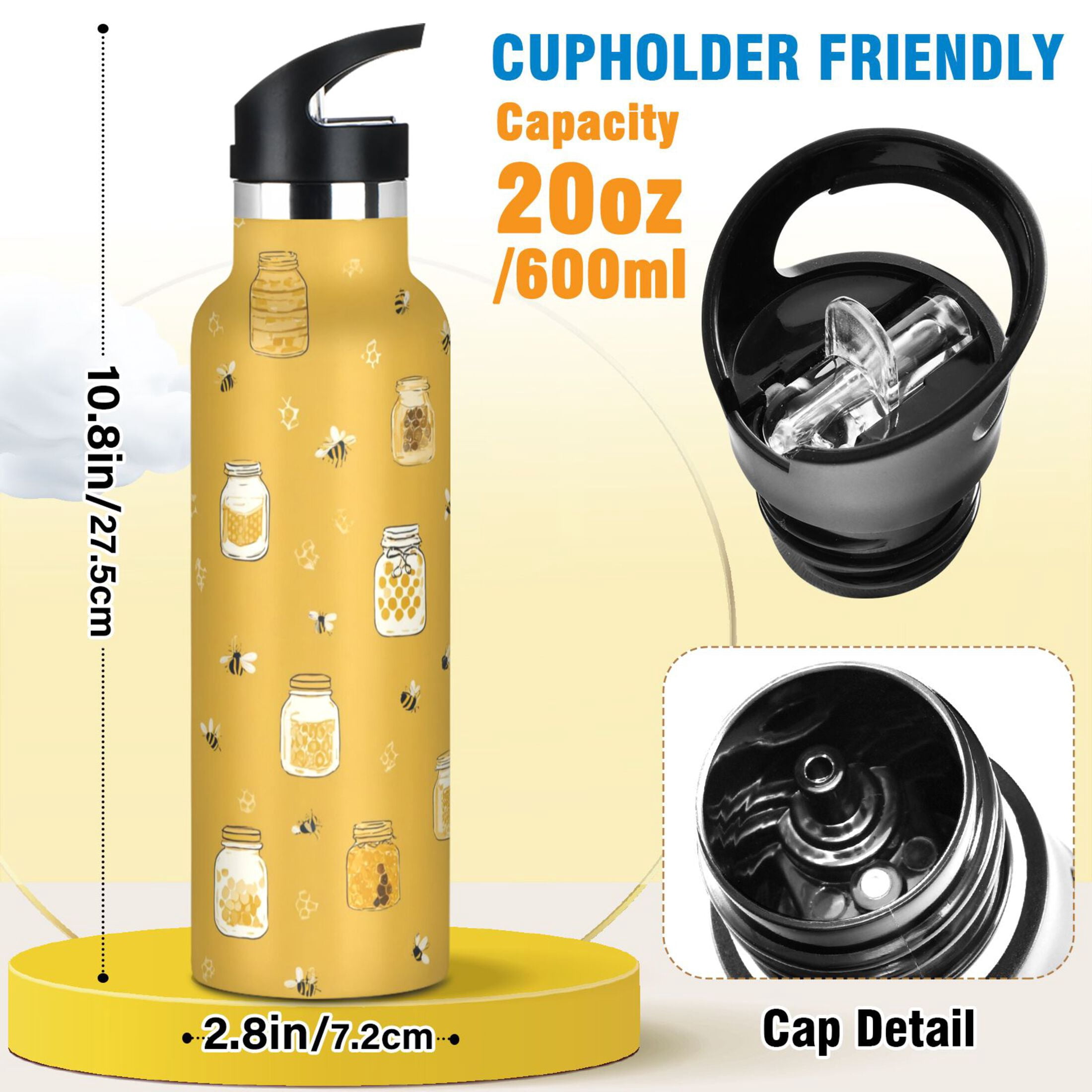 Kids Insulated Stainless Steel Sports Water Bottle 600ml Honey Jars and Bees Pattern