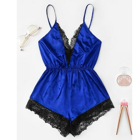 

FreshLook Fashion Women Sexy Lingerie Girl V-neck Lace Splice Bodysuit Sleepwear Bodydoll Valentine s Nightgown Pajamas Blue / XL