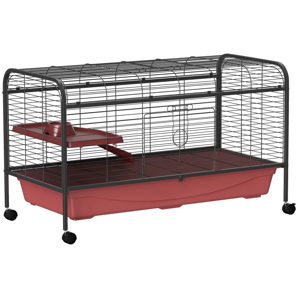 Small Animal Cage, 48" L Rabbit Hutch or Ferret Play House, with Feeder, Rolling Wheels, Platform, Ramp