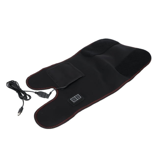 heated knee brace wrap, adjustable temperature electric knee massager pain relief for legs fatigue manta para rodilla verde en neopreno vista frontal extendida con dos tiras, panel de control integrado con tres LED (verde/azul/rojo), cable USB, cierres de Velcro y dos motores de vibración; también suele usarse para relajar músculos de la pantorrilla.