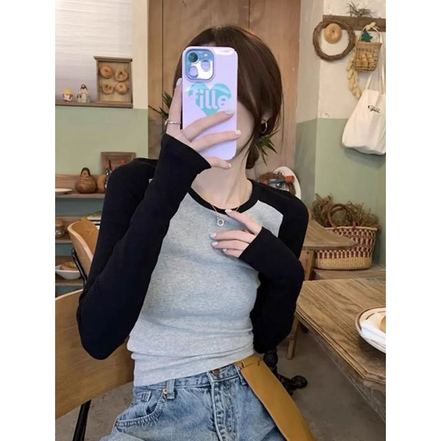 Camisetas de manga larga para mujer, clásicas, con paneles, combinables, ajustadas, suaves, nuevas, estilo coreano, para tiempo libre, cuello redondo, ropa de calle, populares, suaves, Ins