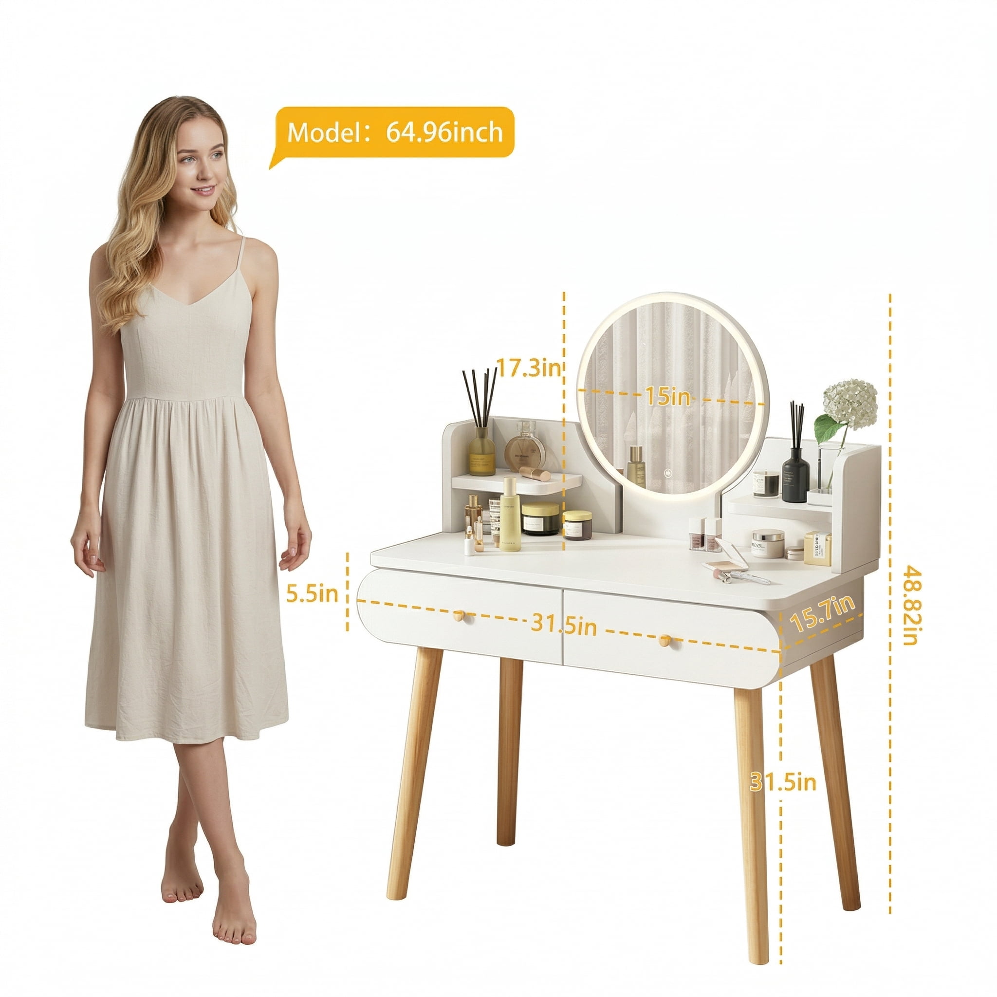 SIMANLI Vanity Table with 2 Drawers, Makeup Dressing Desk with Mirror, Bedroom Vanities Set White (without Stool)