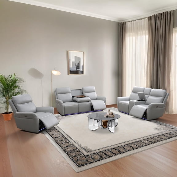 Power Recliner Sectional Sofa for Living Room, Grey Top Genuine Cowhide Leather Reclining Sectional Couch with USB Ports, 4-Seater Leather Couch with Console for Living Room/Apartment/Office