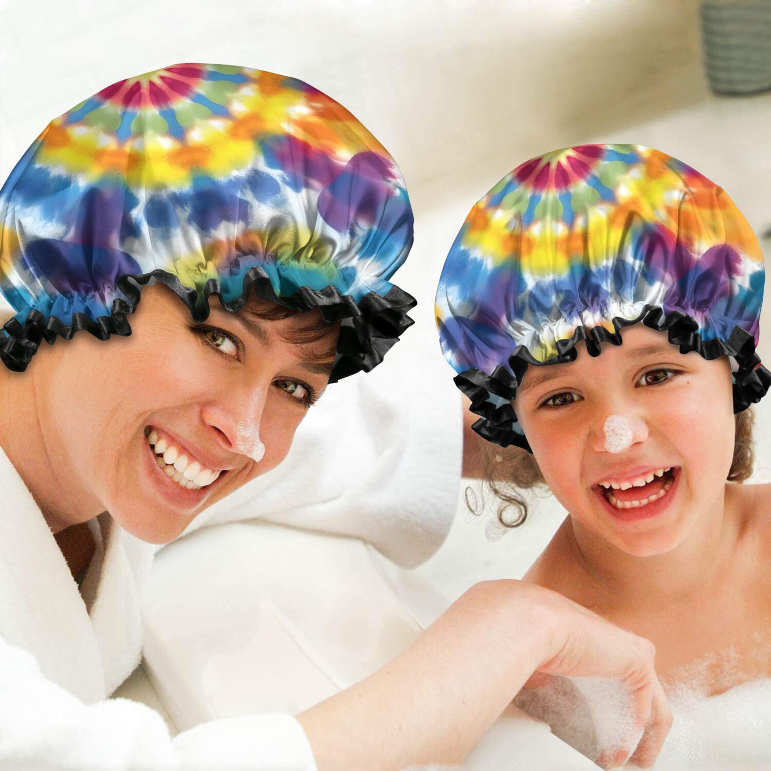 Shower Caps,Colorful Rainbow Tie Dye Spiral Pattern Waterproof Shower Cap for Women 4 Pieces,Double Reusable Hair Cover for Shower PEVA Elastic Stretch Hem