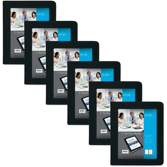 Blue Sky ProView Legacy Black 3 Ring Binder, Letter Size, 1", Textured Faux Leather Cover, Built-in Pockets, Holds 175 Sheets, 6-Pack (10504-C)