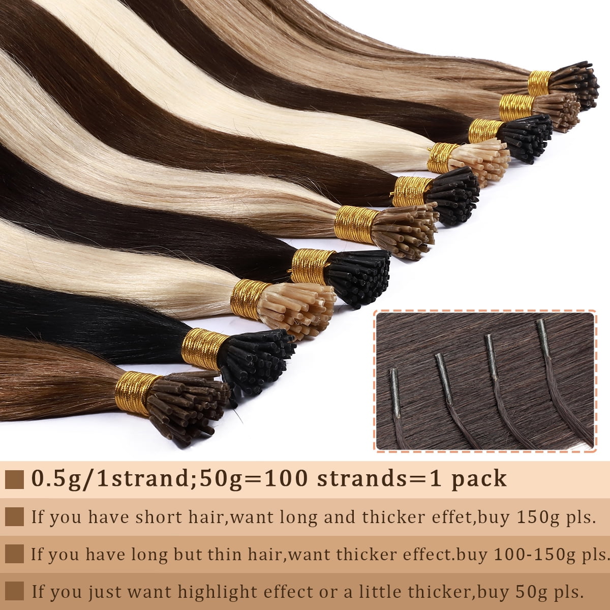 SEGO I Tip Hand-Tied Human Hair Extensions Cold Fusion Off Black 100 Strands Soft Straight Remy Hair Pre Bonded Stick Shoelace Tips
