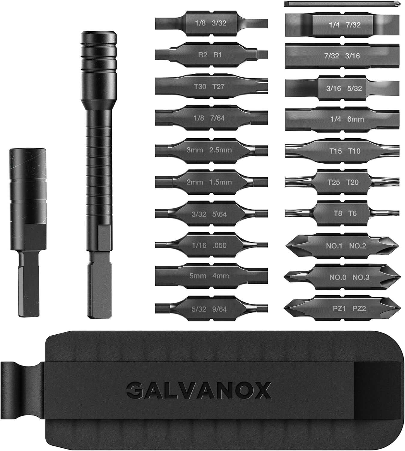 Galvanox 23PC Accessories Set, Compatible with Leatherman Multi-Tools [59HRC] Hardened Double-Sided 21 Piece Bit Kit with Driver Extender, Hex Adapter and Sheath Holder (Black)