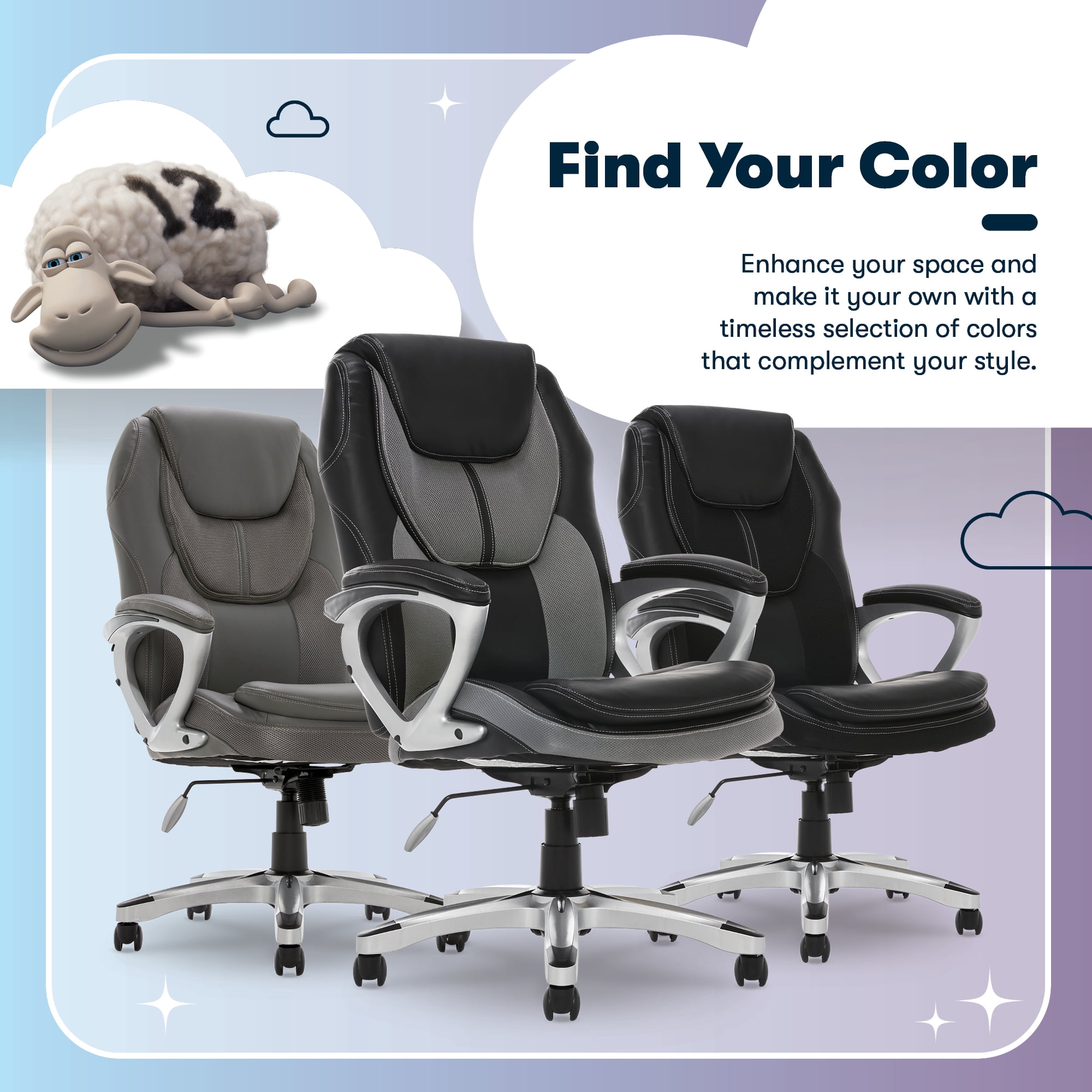 Serta Amplify Executive Office Chair with Faux Leather and Mesh, Adjustable Ergonomic Comfy Seat with Lumbar Support, Modern Computer Desk Chairs, Swivel Rolling Wheels Gray