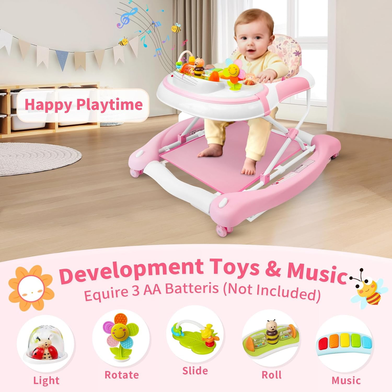 5 in 1 Baby Walker (Walk,Jumper,Rocking,Push,Eating Mode) for Boys Girls,Foldable,Music & Light,Height Adjustable,Wheel for Infant Babies,Pink Flower
