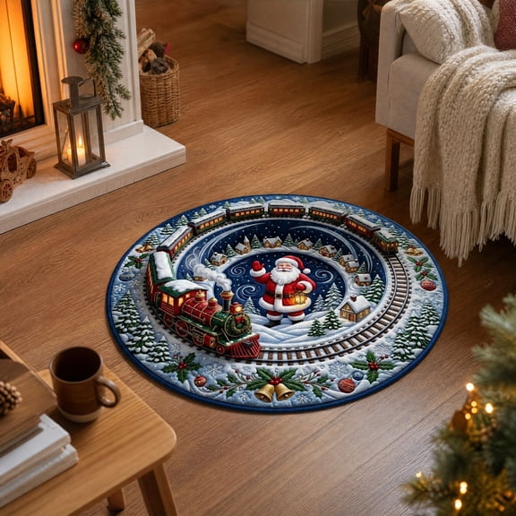 Christmas Rugs,3D Rugs Optical Illusion, Holiday Floor Mat,Festive Optical-Illusion Rug, Snowy Village And Circular Train Track, Nonslip Mat For Holiday Home Decor