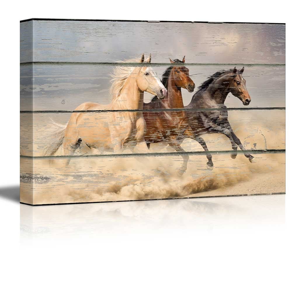 wall26 Canvas Wall Art Galloping Horses on Vintage Wood Textured