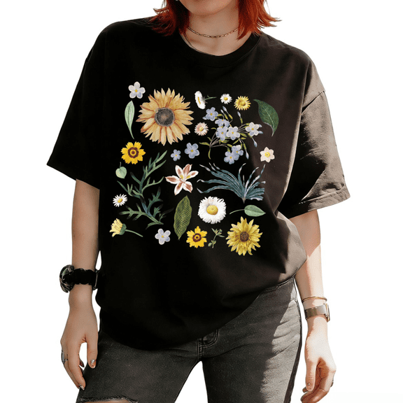 Cozymy Women T-shirt Vintage Botanical Floral Graphic Tee Watercolor Flower Top for Casual Daily Wear Outfit