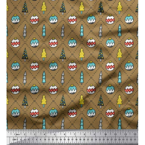 Soimoi Brown Cotton Voile Fabric Dot,Baubles & Tree Christmas Printed Fabric 1 Yard 42 Inch Wide