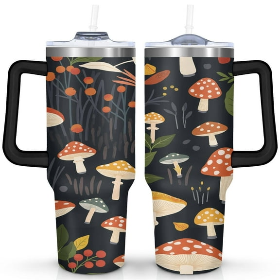 Kawaii Cottagecore 40oz Mushroom Cup - Double Wall Design - Leakproof Lid with Handle