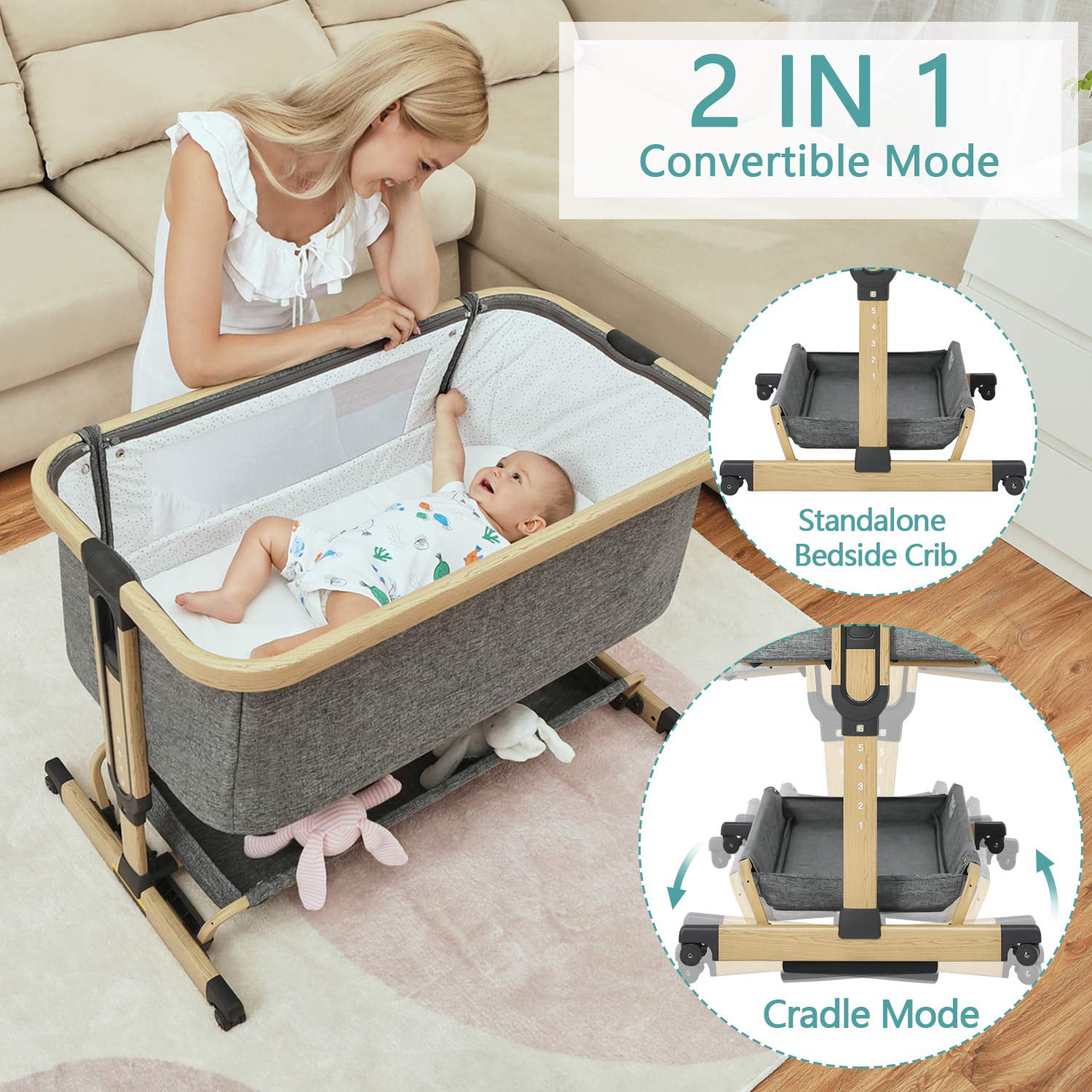 2 In 1 Baby Bassinet Amke Bedside Crib With Height Adjustment