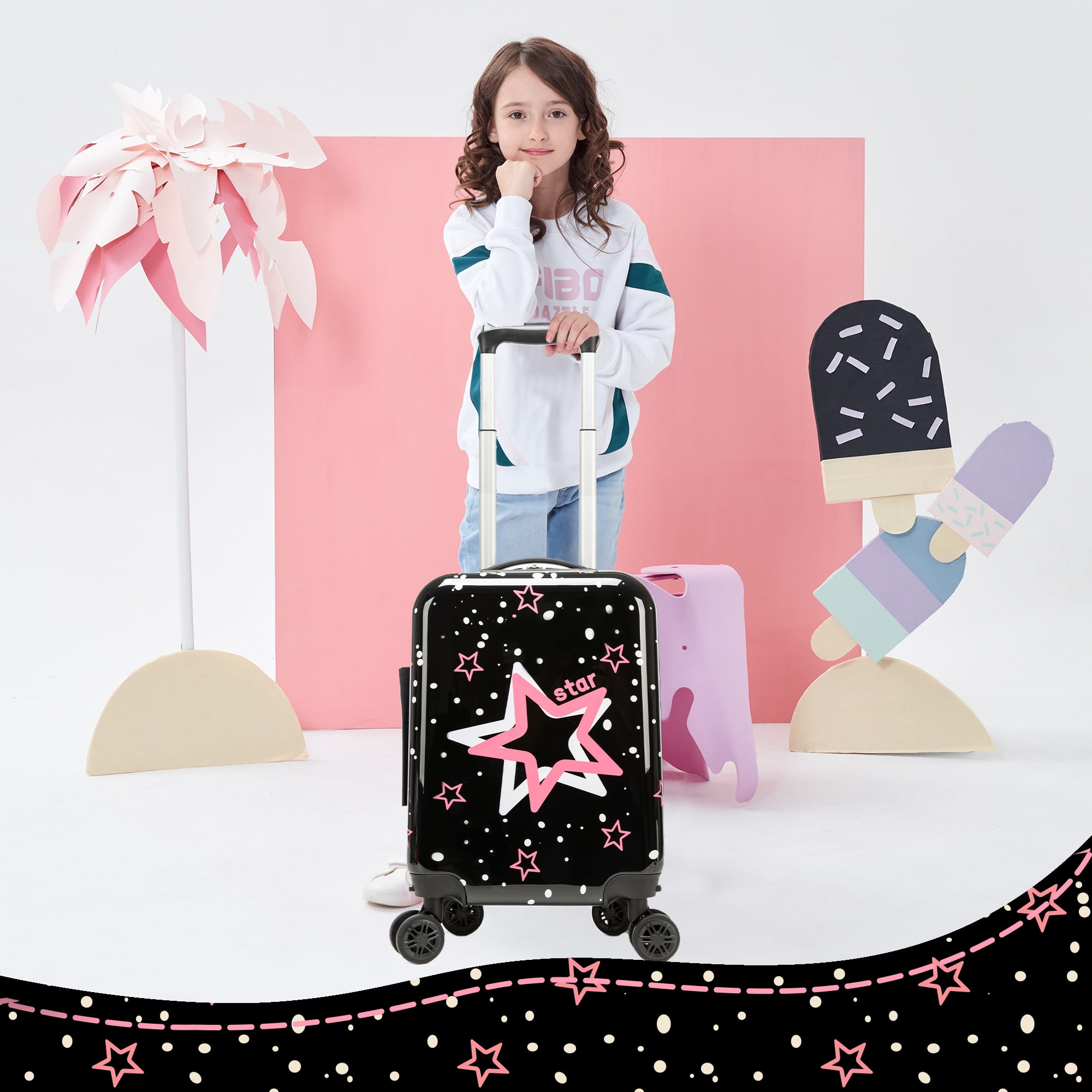 Kids Carry on Luggage Sets 2 Piece for Girls Women Rolling Suitcases with Wheels Hardshell Suitcase with Neck Pillow Airplane