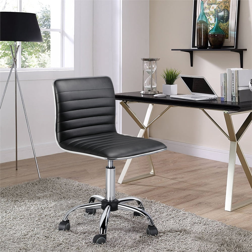 Yaheetech Adjustable Office Chair PU Leather Armless Chair with Wheels, Black