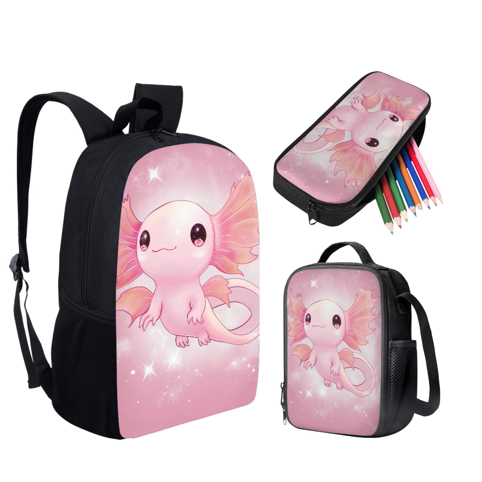 xixirimido Cute Axolotl School Bag Supplies Set Thermal Lunch Bag Pencil Case Box for Girls Boys Durable Large